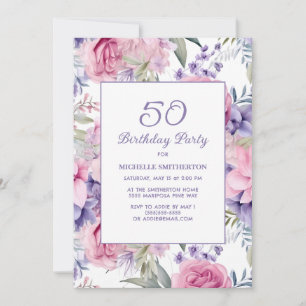 Elegantes Rosa Lila Blumig 50. Geburtstag Einladung