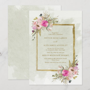 Elegantes Rosa Lila Salbei Grün Blätter Gold Einladung