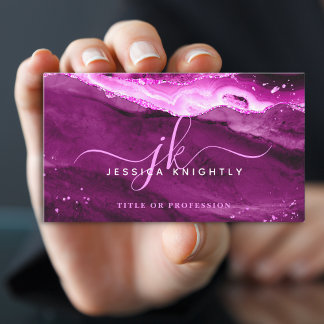 Elegantes rosa Magenta Agate Glitzer Script Monogr Visitenkarte