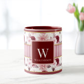 Elegantes rosa Magenta Floral Stripe Monogramm Cus Tasse