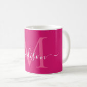 Elegantes rosa Magenta White Monogram Script Stilv Kaffeetasse (VorderseiteRechts)