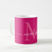 Elegantes rosa Magenta White Monogram Script Stilv Kaffeetasse (Vorderseite Links)