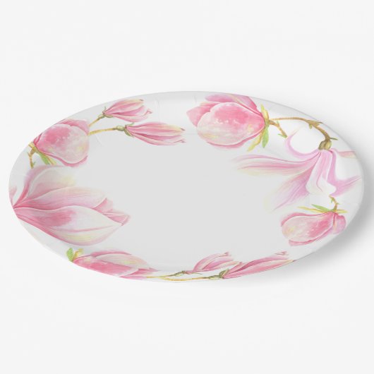 Elegantes rosa Magnolia Brautparty Pappteller (Schrägansicht)