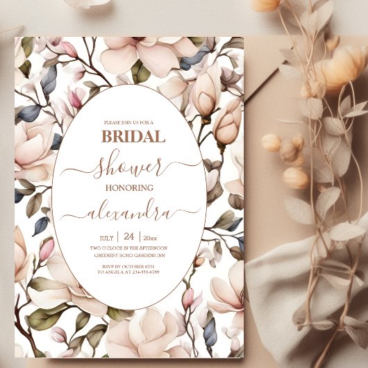 Elegantes Rosa Magnolien und Brautparty Grüne Einladung