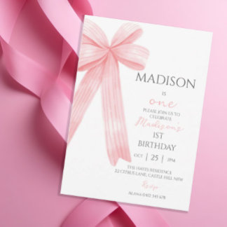 Elegantes rosa Minimalistisches Bow First BIrthday Einladung