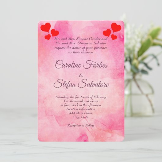 Elegantes Rosa mit rotem Herzen Valentinas Hochzei Einladung (Stehend Vorderseite)