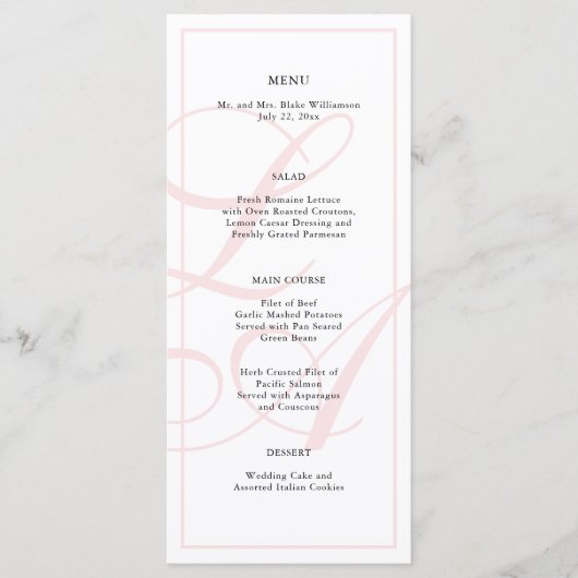 Elegantes rosa Mongram Wedding Menu Menükarte (Vorderseite)