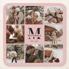 Elegantes rosa Monogramm erstes Foto für Familienn Rechteckiger Pappuntersetzer