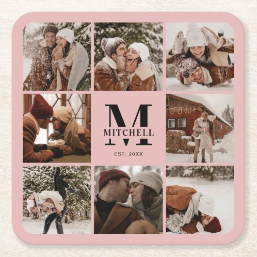 Elegantes rosa Monogramm erstes Foto für Familienn Rechteckiger Pappuntersetzer (Vorderseite)