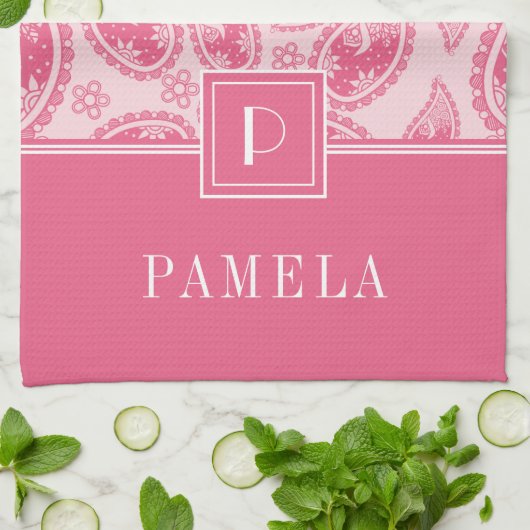 Elegantes rosa Monogramm-Muster Geschirrtuch (Gefaltet)