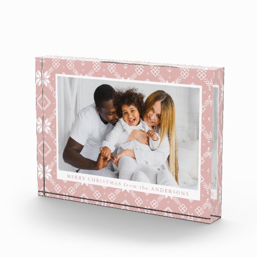 Elegantes rosa Nordic Snowflake Muster Weihnachten Fotoblock (Rechts)