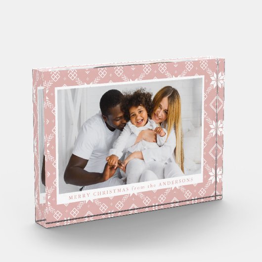 Elegantes rosa Nordic Snowflake Muster Weihnachten Fotoblock (Links)
