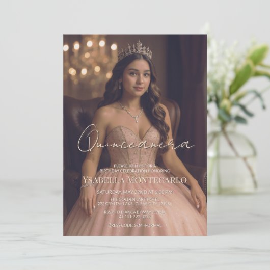 Elegantes Rosa oder Rose Gold Quinceñera Einladung (Stehend Vorderseite)