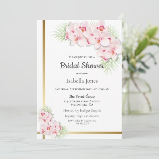 Elegantes Rosa Orchid Brautparty Einladung (Stehend Vorderseite)