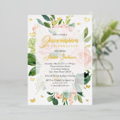 Elegantes rosa Peach Bloom Quinceanera Folieneinladung (Stehend vorne)