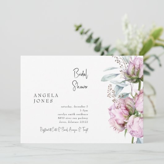 Elegantes Rosa Peonies-Brautparty Einladung (Stehend Vorderseite)