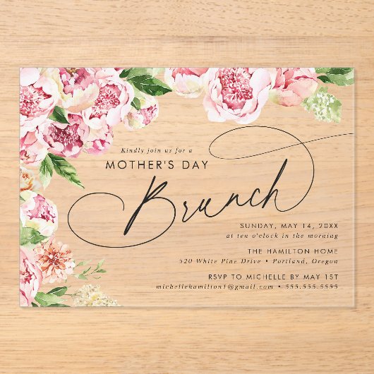 Elegantes Rosa Peonies Mother's Day Brunch Acryleinladungen (Vorderseite)