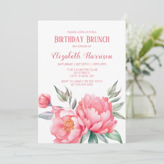 Elegantes rosa Peony Botanical Birthday Brunch Einladung (Stehend Vorderseite)