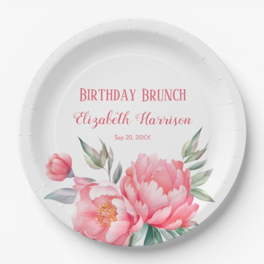 Elegantes rosa Peony Botanical Birthday Brunch Pappteller (Vorderseite)