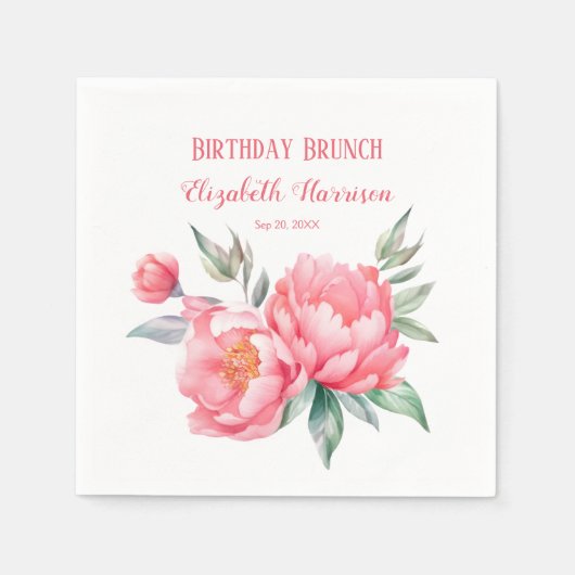 Elegantes rosa Peony Botanical Birthday Brunch Serviette (Vorderseite)