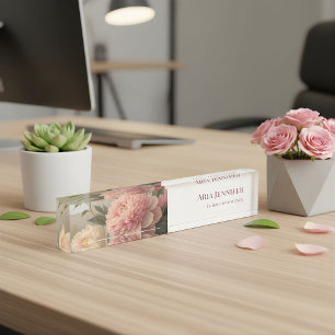 Elegantes rosa Pfingstrosen-Blumen-Florist-Geschäf Namensplakette