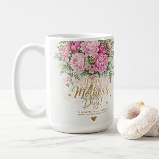 Elegantes rosa Pfingstrosenstrauß Frohen Muttertag Kaffeetasse (Mit Donut)