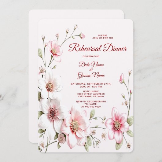 Elegantes Rosa Probe Abendessen Einladung (Vorne/Hinten)