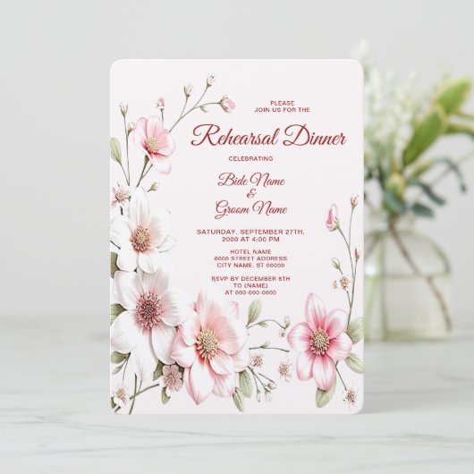 Elegantes Rosa Probe Abendessen Einladung (Stehend Vorderseite)