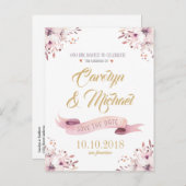 Elegantes Rosa Purple Blumen Save the Date Ankündigungspostkarte (Vorne/Hinten)