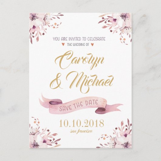 Elegantes Rosa Purple Blumen Save the Date Ankündigungspostkarte (Vorderseite)