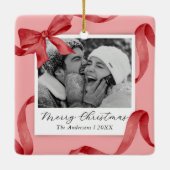 Elegantes Rosa Red Bow Foto Keramikornament (Rückseite)