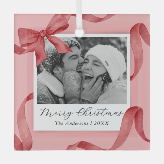 Elegantes Rosa Red Bow Foto Ornament Aus Glas (Vorderseite)