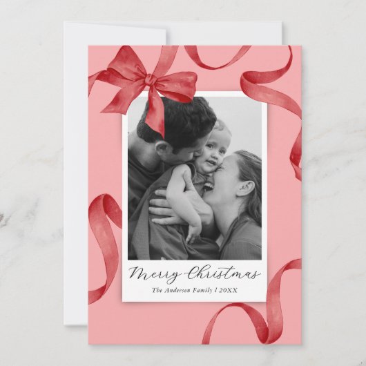 Elegantes Rosa Red Bow Foto Weihnachten (Vorderseite)