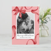 Elegantes Rosa Red Bow Foto Weihnachten (Stehend Vorderseite)