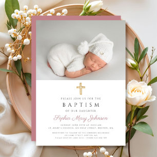 Elegantes rosa religiöses Kreuz Mädchen Foto Taufe Einladung