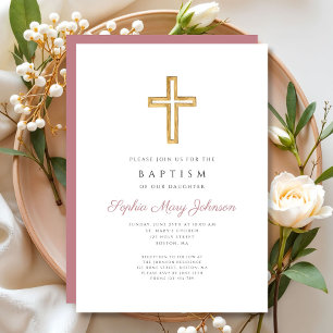 Elegantes rosa religiöses Kreuz Mädchen Taufe Einladung