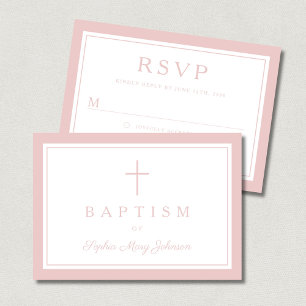 Elegantes rosa religiöses Kreuz Mädchen Taufe RSVP Karte