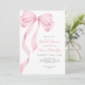 Elegantes rosa Ribbon Bow Coquette Brautparty Einladung (Stehend Vorderseite)