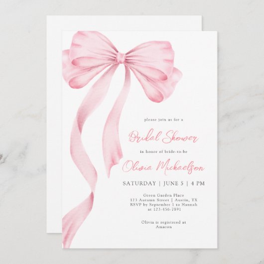 Elegantes rosa Ribbon Bow Coquette Brautparty Einladung (Vorne/Hinten)