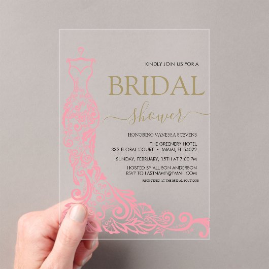 Elegantes Rosa Rosa Rosa Gown Brautparty Acryleinladungen (Insitu (Handheld))