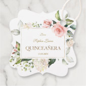 Elegantes Rosa Rosa Weiße Blume Gold Quinceañera Geschenkanhänger (Rückseite)