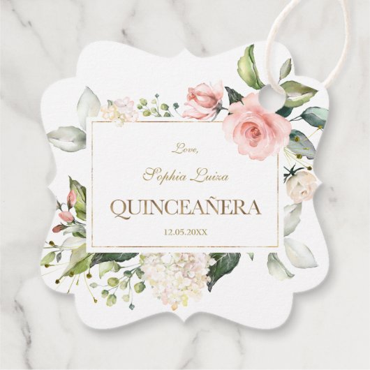 Elegantes Rosa Rosa Weiße Blume Gold Quinceañera Geschenkanhänger (Rückseite)