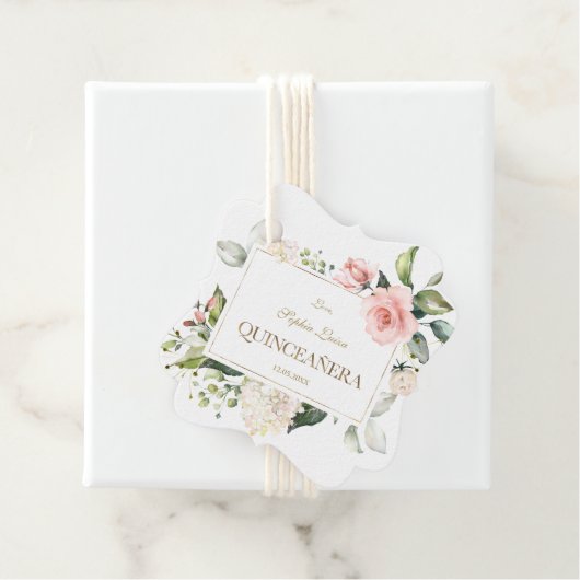 Elegantes Rosa Rosa Weiße Blume Gold Quinceañera Geschenkanhänger (Beispiel)