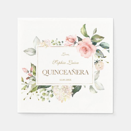 Elegantes Rosa Rosa Weiße Blume Gold Quinceañera Serviette (Vorderseite)