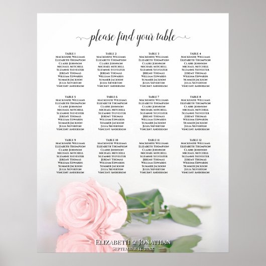 Elegantes Rosa Rose 12 Tabelle Seating Chart Poster (Vorne)