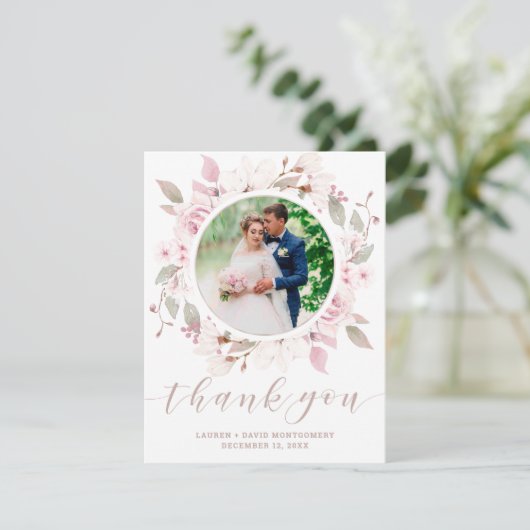 Elegantes rosa Rose Blumenreath Wedding Foto Dankeskarte (Stehend Vorderseite)