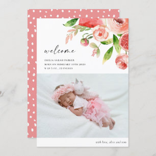 Elegantes Rosa Rose Floral Foto Baby Birth Ankündigung