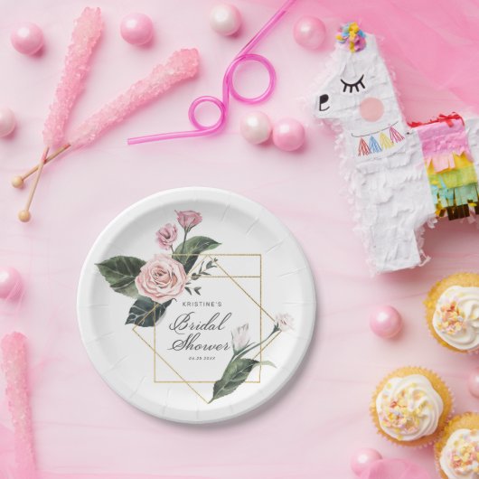 Elegantes Rosa Rose-Floral-Gold-Rahmen-Brautparty Pappteller (Party)