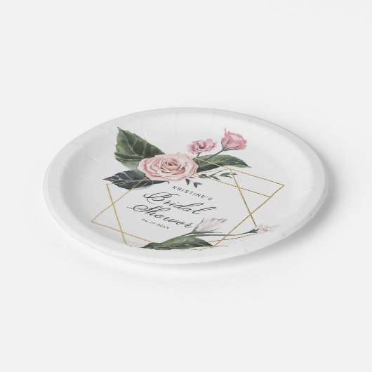 Elegantes Rosa Rose-Floral-Gold-Rahmen-Brautparty Pappteller (Schrägansicht)