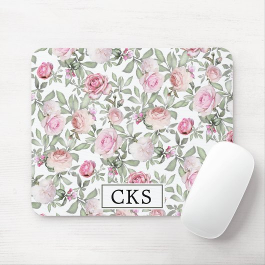 Elegantes rosa Rose Floral Monogramm Mousepad (Mit Mouse)